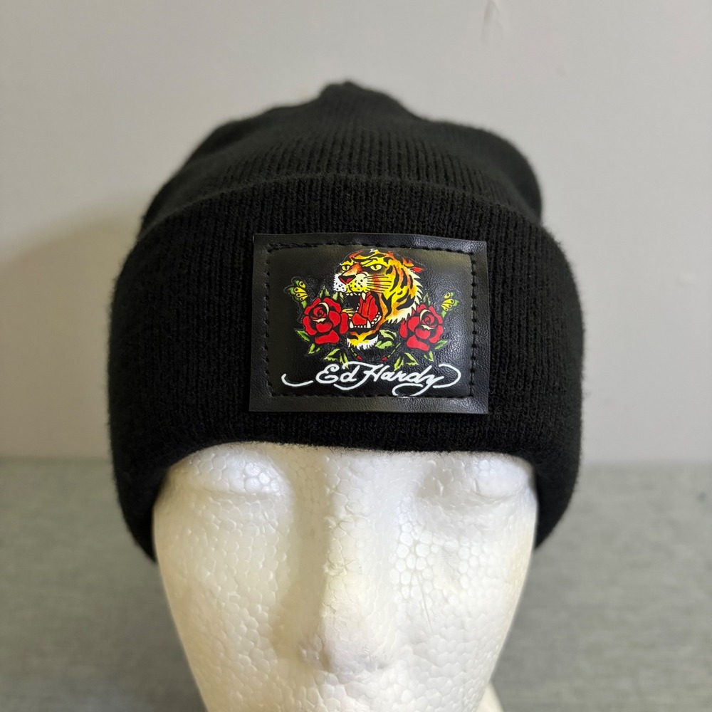 Ed Hardy Beanie Unisex OS Black‎ Tiger Rose Graphic Patch Y2K Streetwear Hat